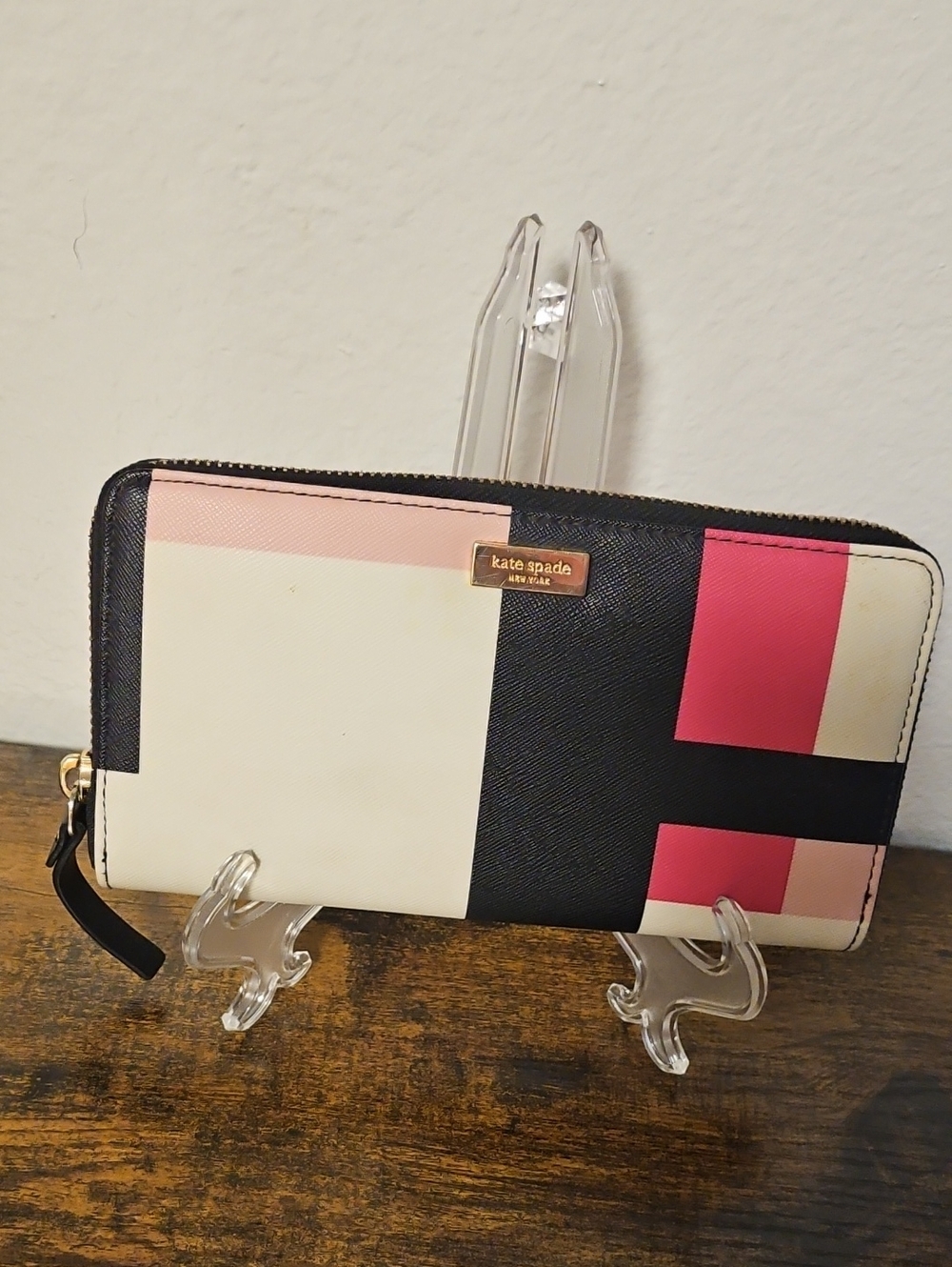 kate spade Colorblock Zip Wallet in Cream, Black & Pink
